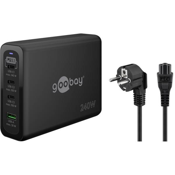 Goobay USB-C® PD GaN Multiport-Tischladegerät 240 W, 3x USB-C, 1x USB-A, Desktop-Ladestation, 1,5 m Kabel, Schwarz-0