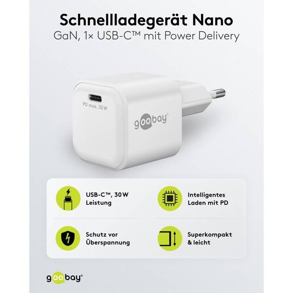 Goobay Nano USB Netzteil 30W Power Delivery GaN Charger, kompaktes universal Ladegerät, USB-C® , Weiß-1