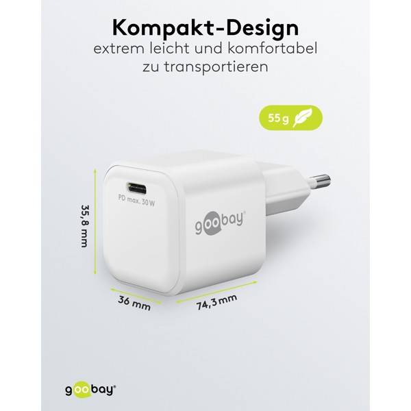 Goobay Nano USB Netzteil 30W Power Delivery GaN Charger, kompaktes universal Ladegerät, USB-C® , Weiß-2
