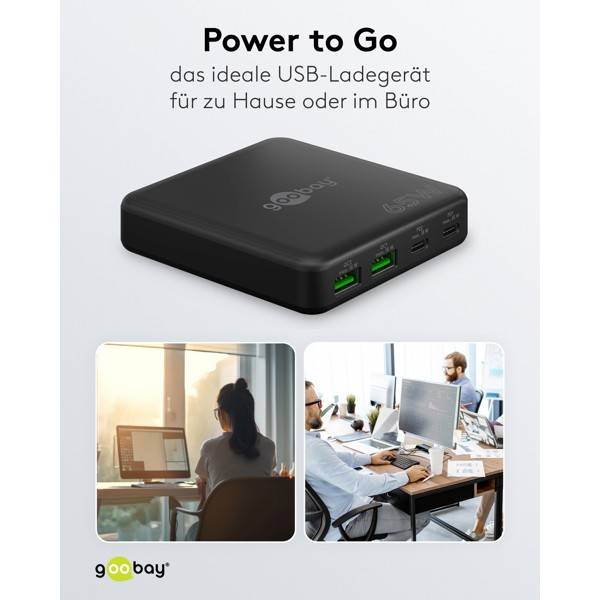 Goobay USB-C® PD GaN Multiport-Tischladegerät 65 W, 2x USB-C, 2x USB-A, Desktop-Ladestation, 1,5 m Kabel, Schwarz-6