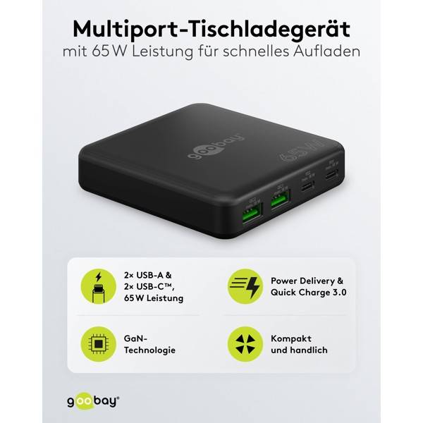 Goobay USB-C® PD GaN Multiport-Tischladegerät 65 W, 2x USB-C, 2x USB-A, Desktop-Ladestation, 1,5 m Kabel, Schwarz-1