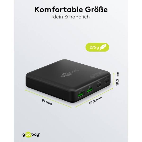 Goobay USB-C® PD GaN Multiport-Tischladegerät 65 W, 2x USB-C, 2x USB-A, Desktop-Ladestation, 1,5 m Kabel, Schwarz-2