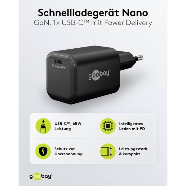 Goobay Nano USB Netzteil 65W Power Delivery GaN Charger, kompaktes universal Ladegerät, USB-C® , Schwarz-1