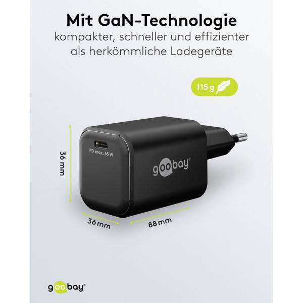 Goobay Nano USB Netzteil 65W Power Delivery GaN Charger, kompaktes universal Ladegerät, USB-C® , Schwarz-2