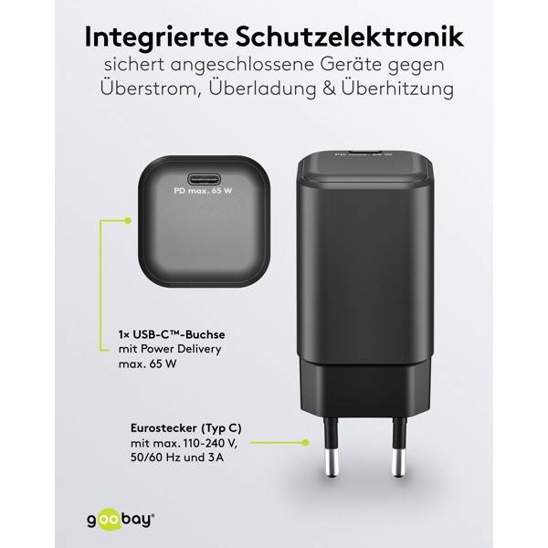 Goobay Nano USB Netzteil 65W Power Delivery GaN Charger, kompaktes universal Ladegerät, USB-C® , Schwarz-4