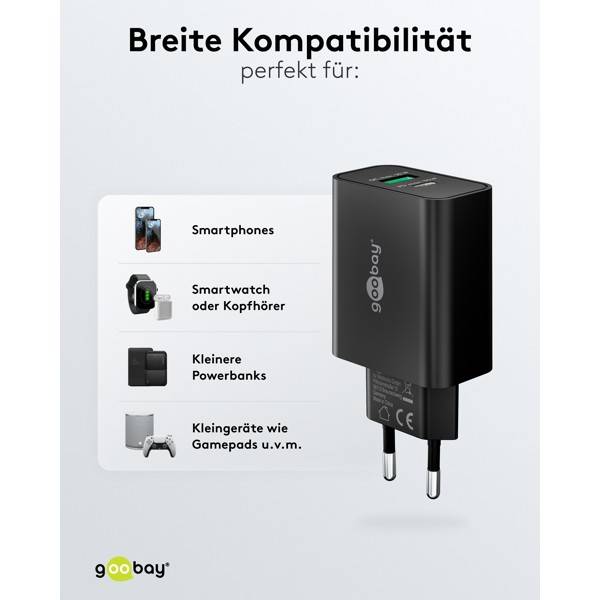 Goobay USB-C® PD GaN Dual-Schnellladegerät 30W, Netzladegerät, 1x USB-C PD und 1x USB-A QC, kompakt, Schwarz-6