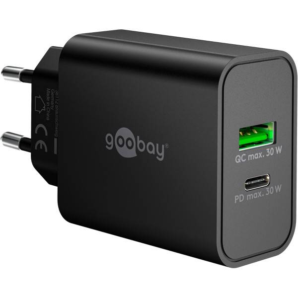 Goobay USB-C® PD GaN Dual-Schnellladegerät 30W, Netzladegerät, 1x USB-C PD und 1x USB-A QC, kompakt, Schwarz