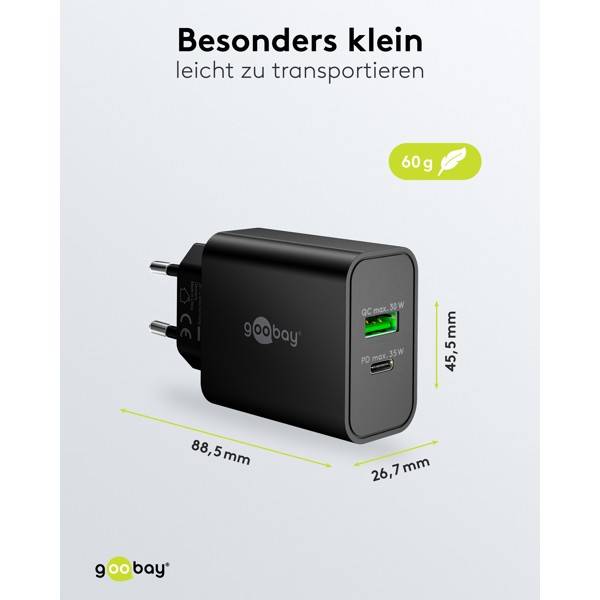 Goobay USB-C® PD GaN Dual-Schnellladegerät 30W, Netzladegerät, 1x USB-C PD und 1x USB-A QC, kompakt, Schwarz-2