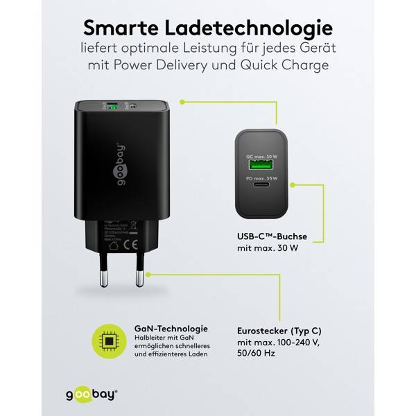 Goobay USB-C® PD GaN Dual-Schnellladegerät 30W, Netzladegerät, 1x USB-C PD und 1x USB-A QC, kompakt, Schwarz-3