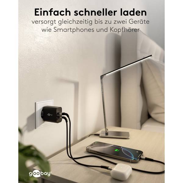 Goobay USB-C® PD GaN Dual-Schnellladegerät 30W, Netzladegerät, 1x USB-C PD und 1x USB-A QC, kompakt, Schwarz-4