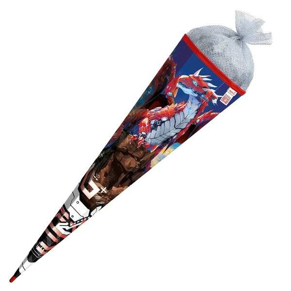 Schultüte Robo Drache - eckig 85 cm mit Tüllverschluss Folie Silbertüll