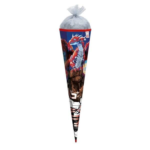 Schultüte Robo Drache - eckig 85 cm mit Tüllverschluss Folie Silbertüll-1