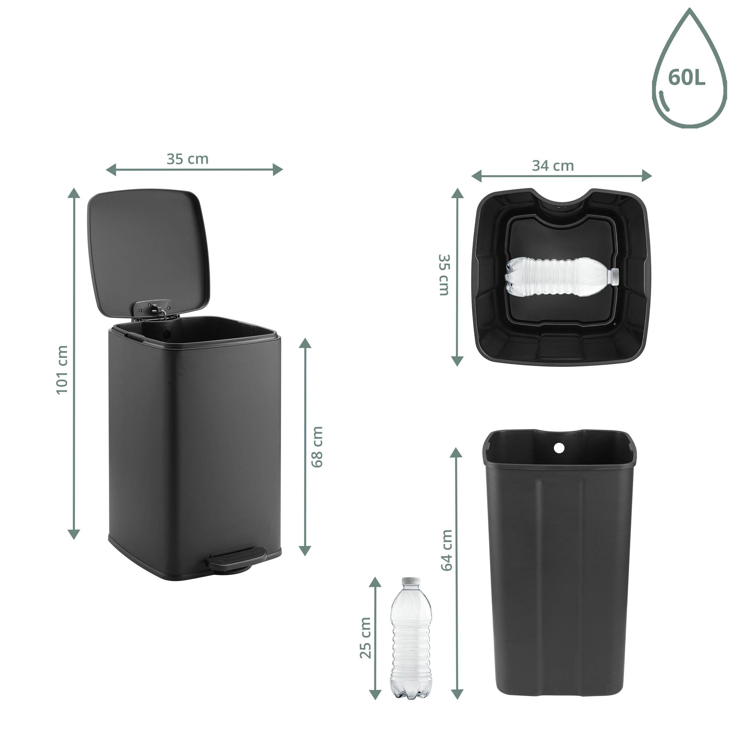 Abfallsammler Mülleimer Clean Step 4 60L schwarz matt hjh OFFICE-1