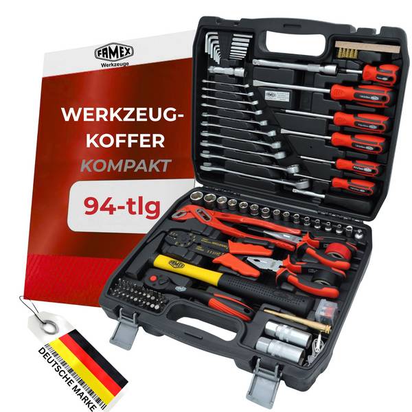FAMEX 144-47 Kompakter Werkzeugkoffer bestückt mit Werkzeug Set für Auto, Camper, CV-Stahl, Idealer Bordkoffer