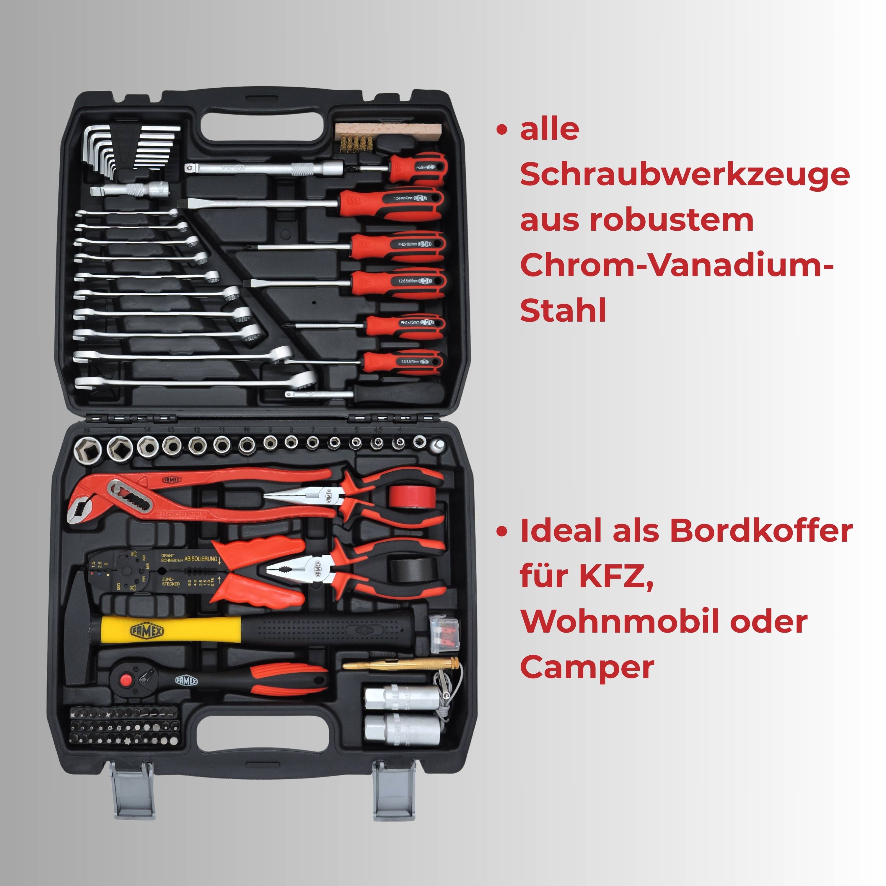 FAMEX 144-47 Kompakter Werkzeugkoffer bestückt mit Werkzeug Set für Auto, Camper, CV-Stahl, Idealer Bordkoffer-1