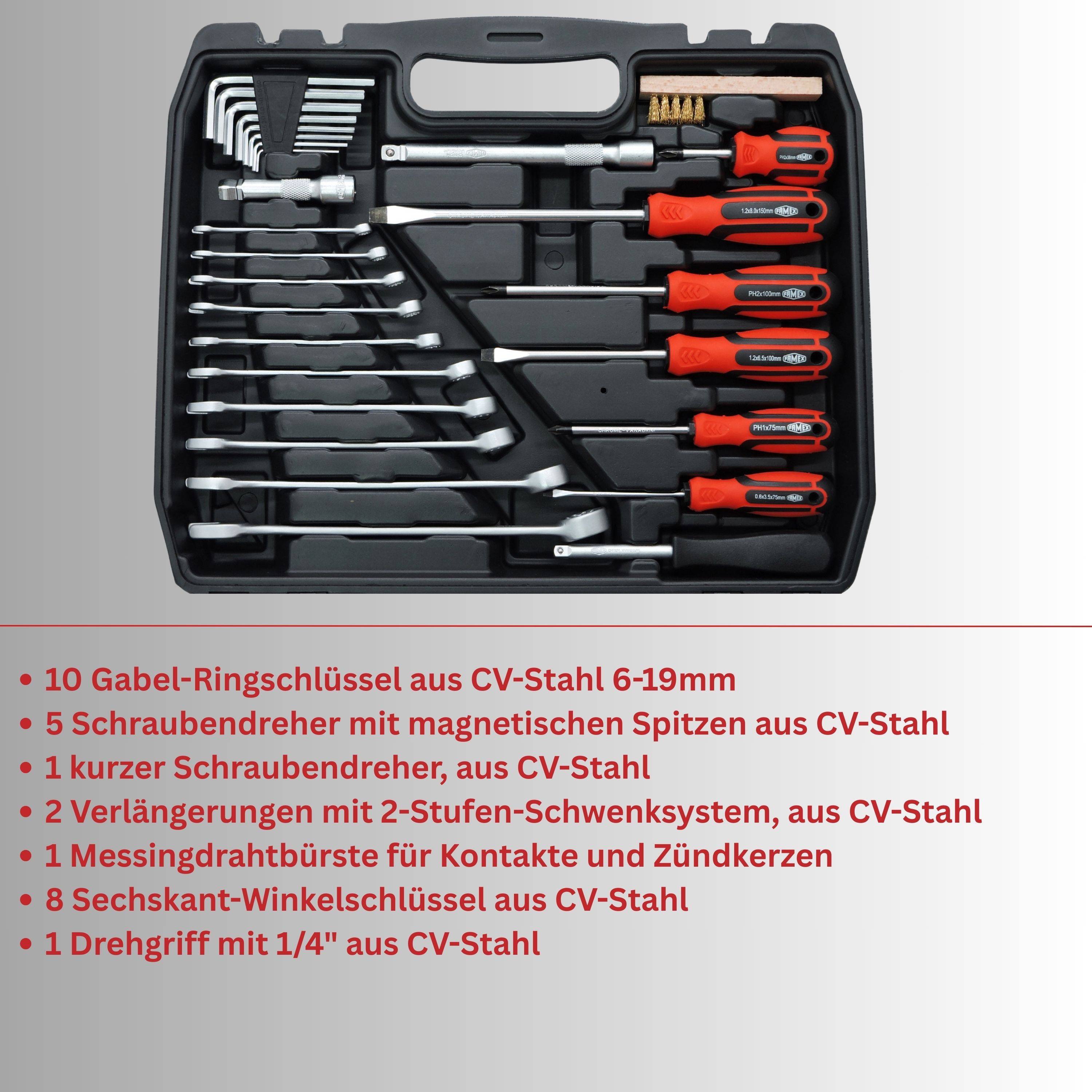 FAMEX 144-47 Kompakter Werkzeugkoffer bestückt mit Werkzeug Set für Auto, Camper, CV-Stahl, Idealer Bordkoffer-2