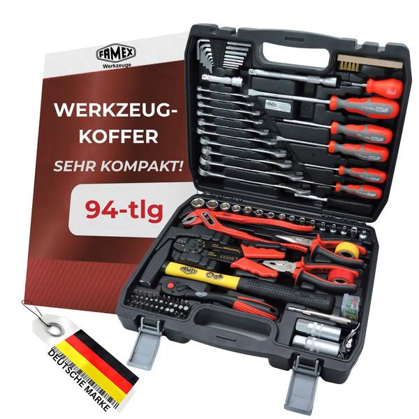 FAMEX 144-50 Kompakter Werkzeugkoffer bestückt mit Werkzeug Set für Auto, Camper, CV-Stahl, Idealer Bordkoffer