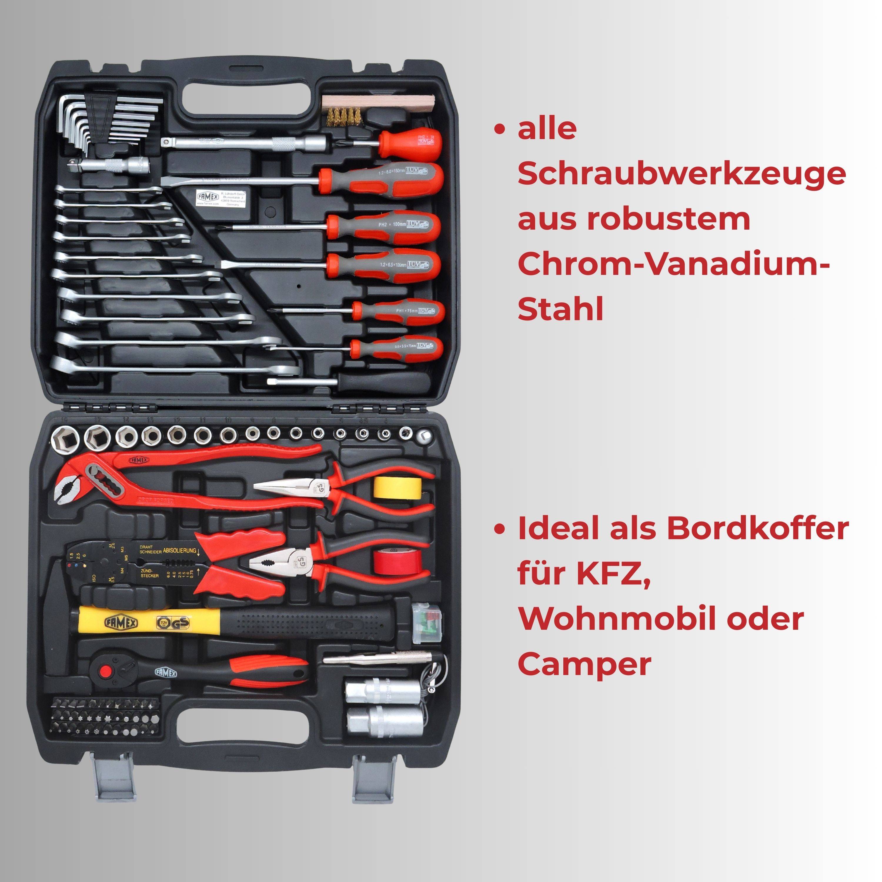 FAMEX 144-50 Kompakter Werkzeugkoffer bestückt mit Werkzeug Set für Auto, Camper, CV-Stahl, Idealer Bordkoffer-1
