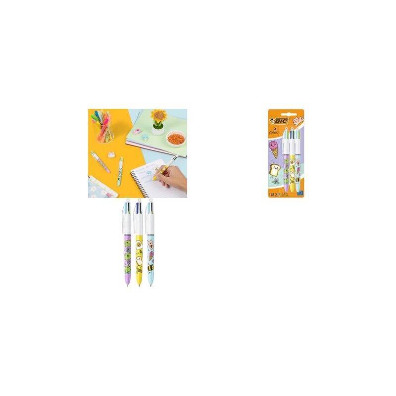 BIC Druckkugelschreiber 4 Colours Kawaii, 3er Blister
