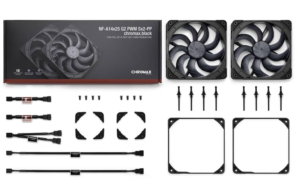 Noctua NF-A14x25 G2 PWM Sx2-PP chromax.black Gehäuseluefter 140 mm 2 Stueck Gehäuse-Lüfter 1.500 rpm 12 V-0