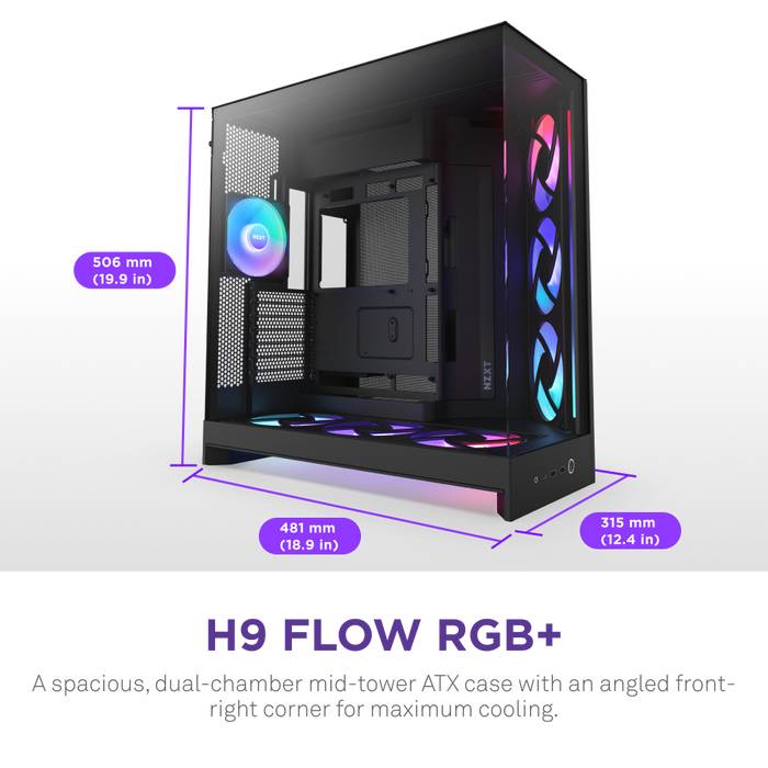 NZXT H9 Flow RGB+, Midi Tower, PC, Schwarz, ATX, EATX, micro ATX, Mini-ITX, Netz, SGCC, Gehärtetes Glas, Gaming-1