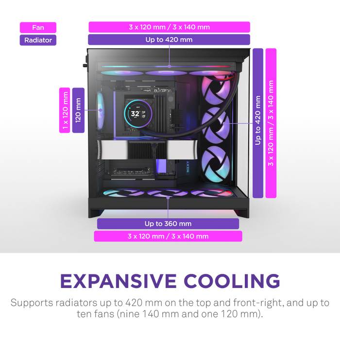 NZXT H9 Flow RGB+, Midi Tower, PC, Schwarz, ATX, EATX, micro ATX, Mini-ITX, Netz, SGCC, Gehärtetes Glas, Gaming-3