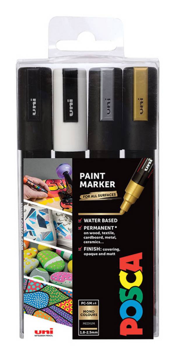 FABER-CASTELL - POSCA PC-5M, Schwarz, Gold, Silber, Weiß, Mehrfarbig, 4 Farben, Medium, Tinte auf Wasserbasis, Rundspitz
