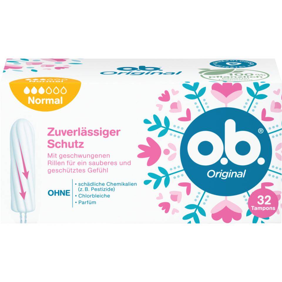 o.b.® Tampons normal, zuverlässiger Schutz, Wattefasern, 32/Pack, 7 Packungen/VE-1