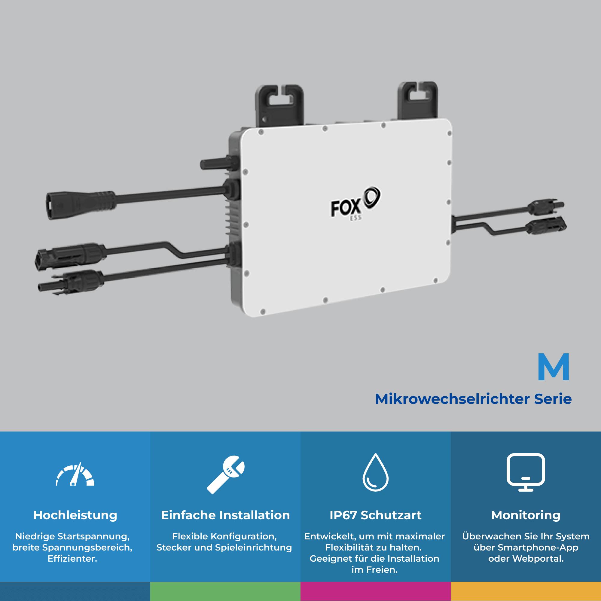 FOXESS Inverter 800 Watt für Balkonkraftwerk mit 5m Anschlusskabel und 4x 100cm Solarkabel-5