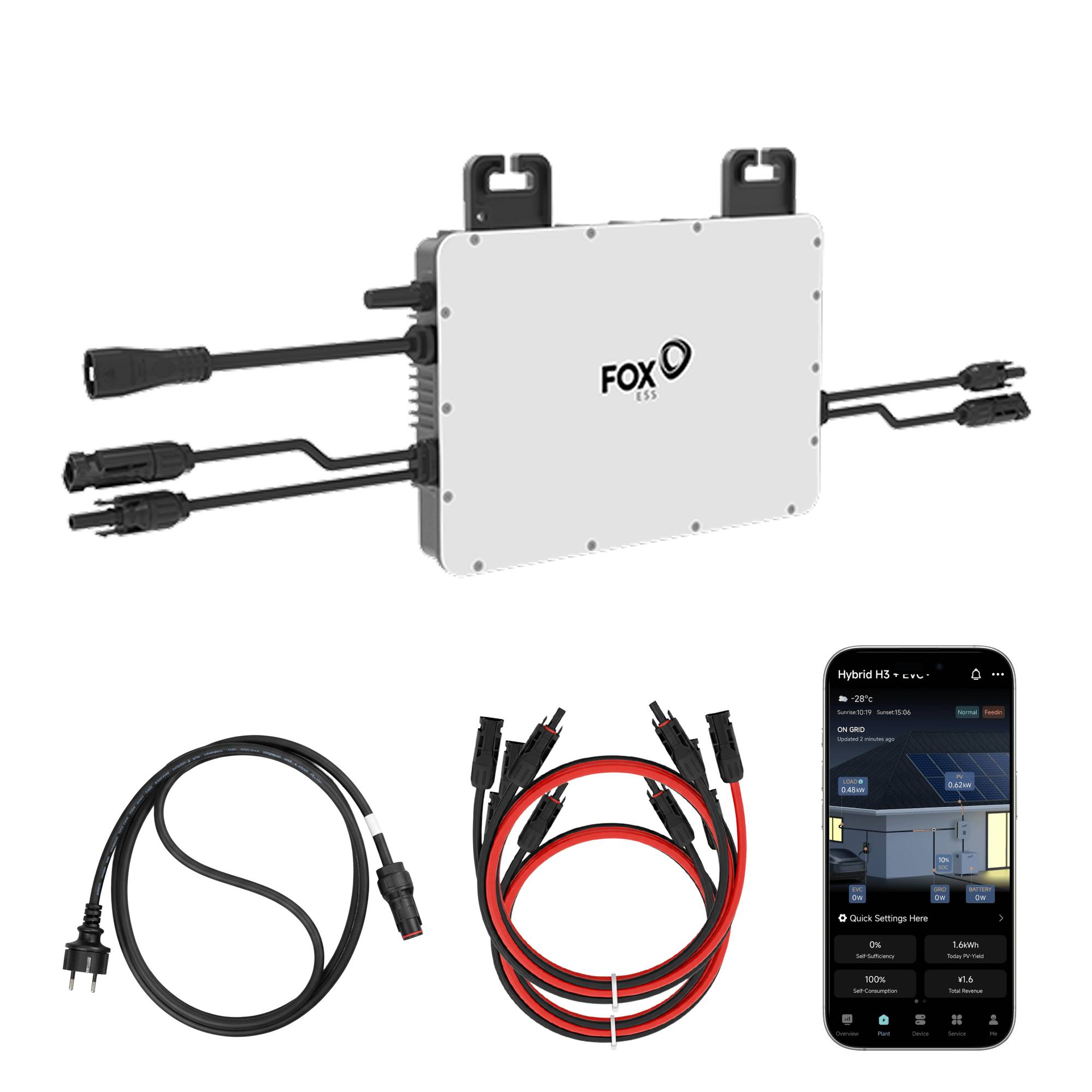 FOXESS Inverter 800 Watt für Balkonkraftwerk mit 5m Anschlusskabel und 4x 100cm Solarkabel-0