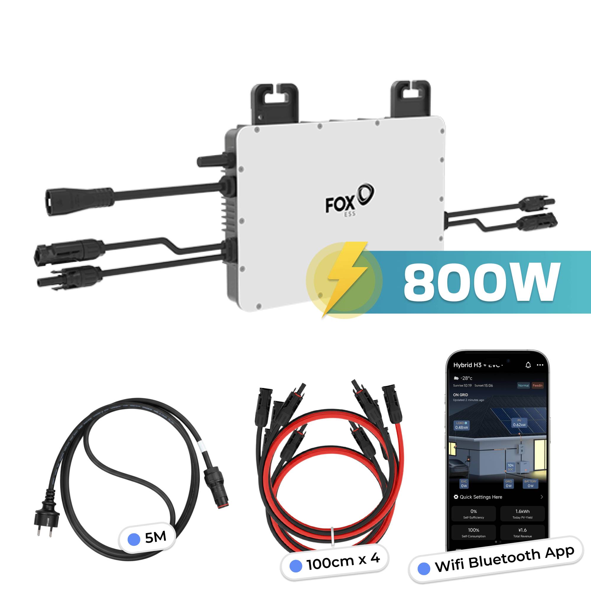 FOXESS Inverter 800 Watt für Balkonkraftwerk mit 5m Anschlusskabel und 4x 100cm Solarkabel-3