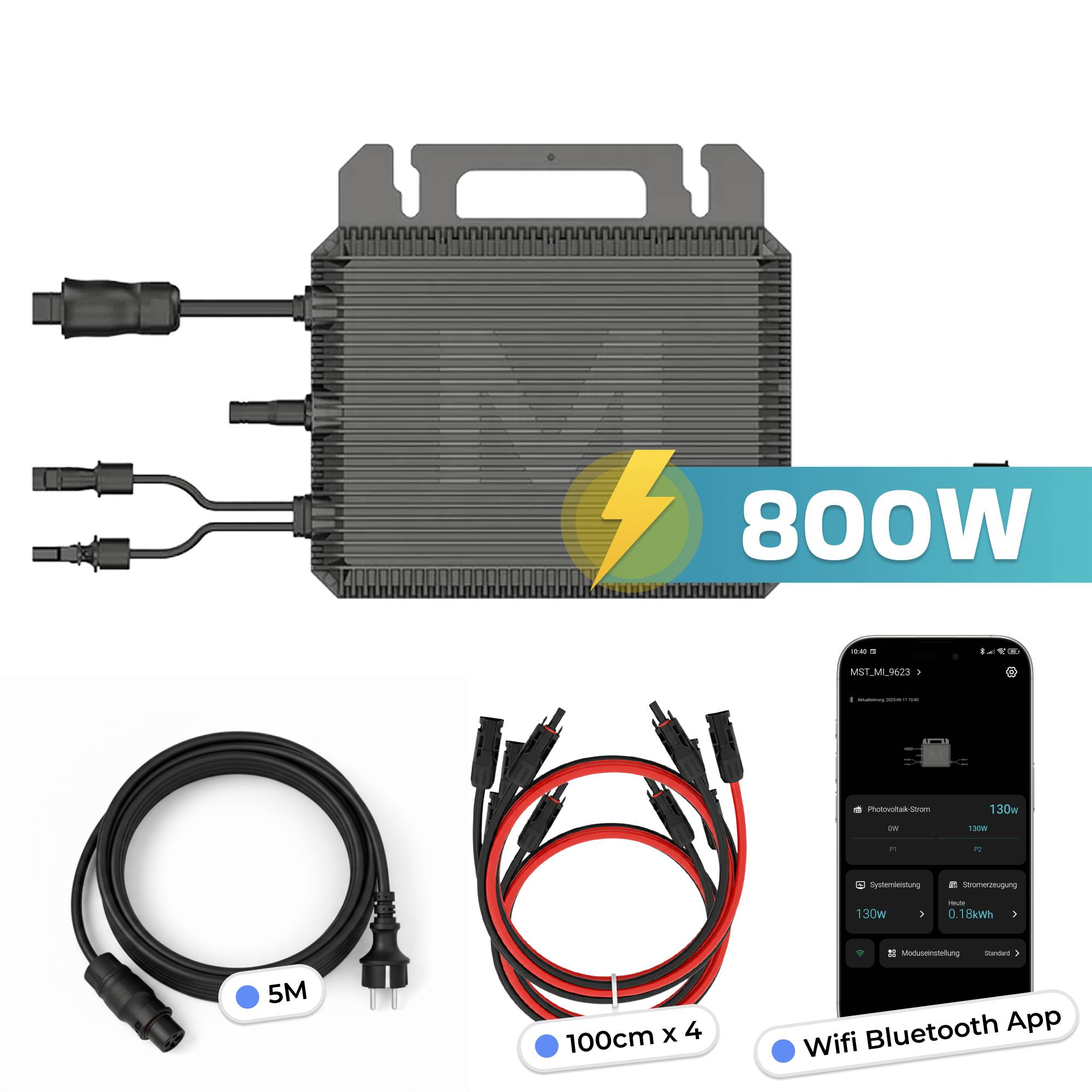 MARSTEK Inverter 800 Watt für Balkonkraftwerk mit 5m Anschlusskabel und 4x 100cm Solarkabel-4
