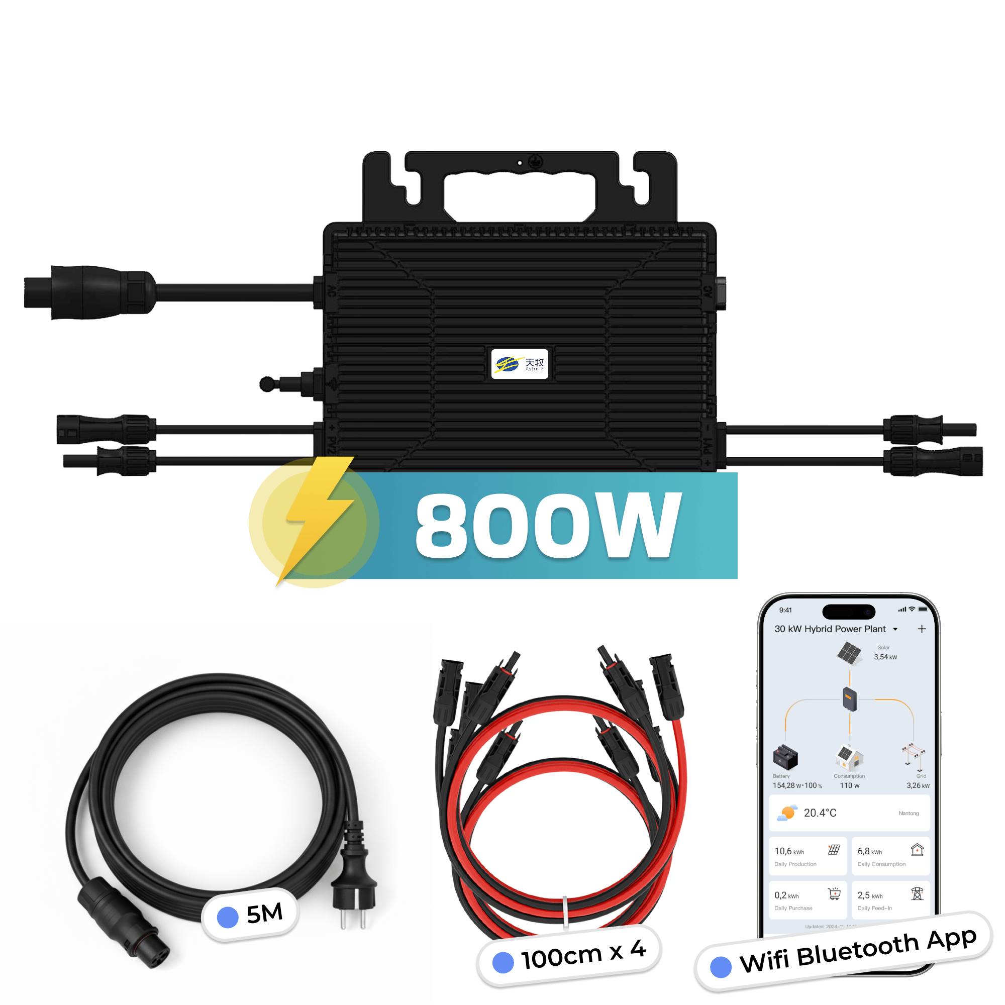 ASTRO-E Inverter 800 Watt für Balkonkraftwerk mit 5m Anschlusskabel und 4x 100cm Solarkabel-3