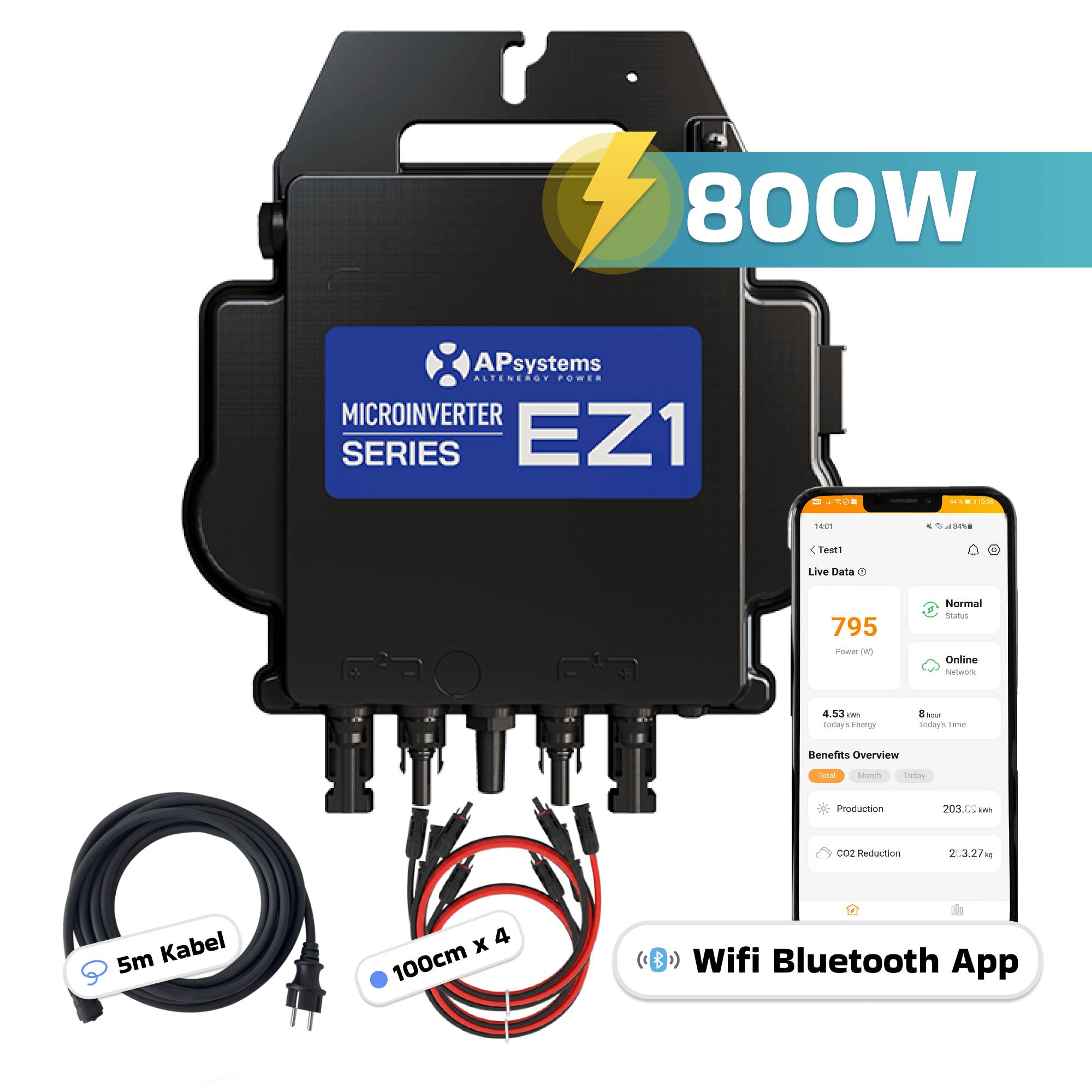 AP Systems Inverter 800 Watt für Balkonkraftwerk mit 5m Anschlusskabel und 4x 100cm Solarkabel-2