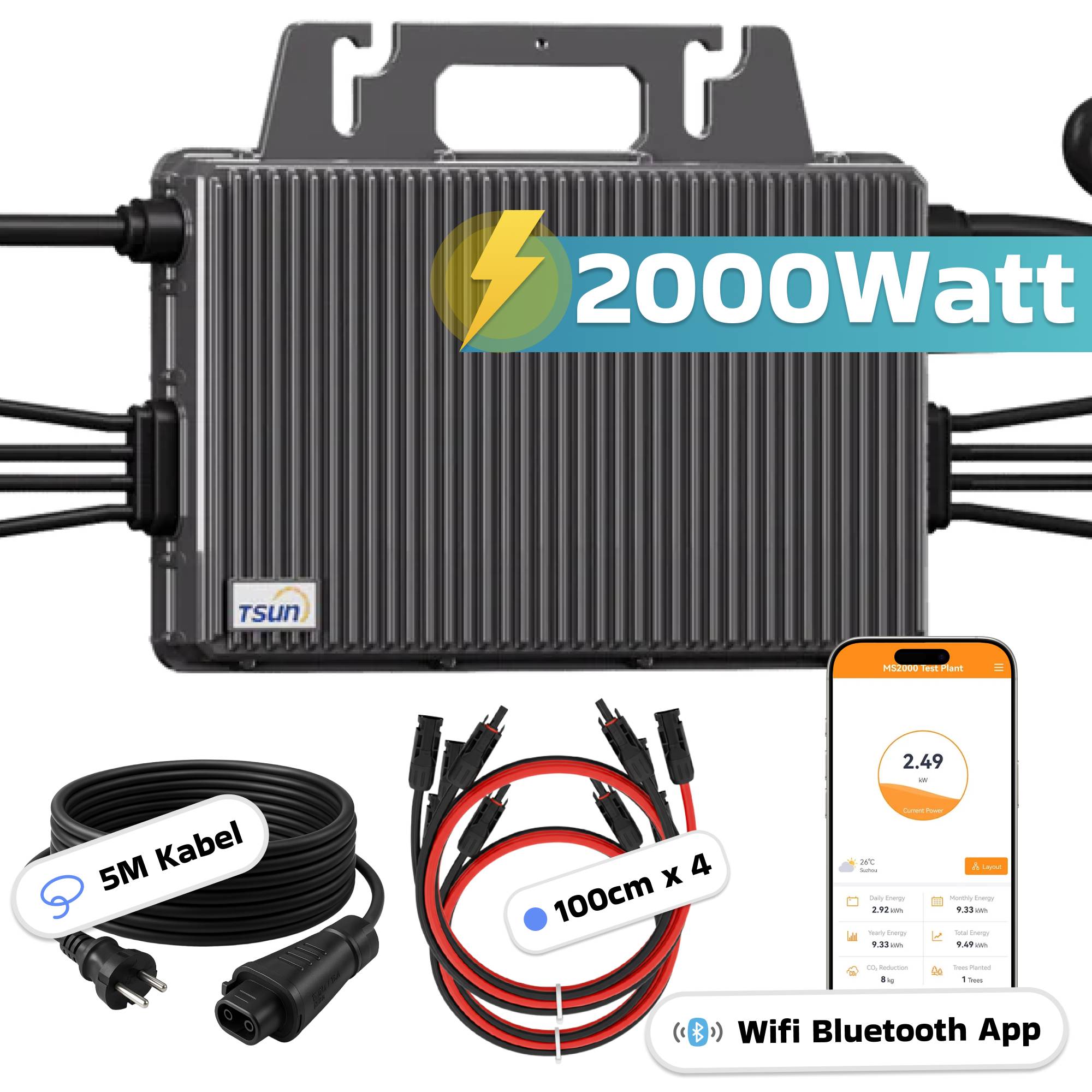 TSUN Inverter 2000 Watt für Balkonkraftwerk mit 5m Anschlusskabel und 4x 100cm Solarkabel-3