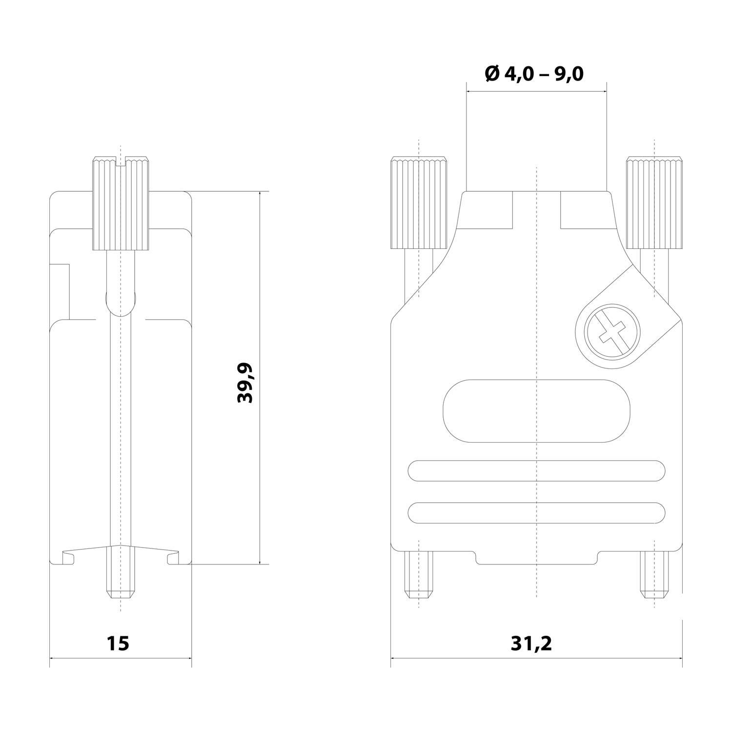 D-Sub Metallgehäuse passend für D-Sub Einsatz 9-polig, 15-polig (HD) gerade, Klemmbereich 4,0mm - 11,7mm - 1 Stück-2
