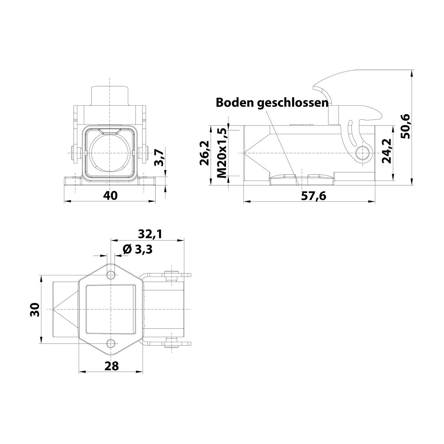 Harting 19200031252, Han 3A Sockelgehäuse mit geschlossenem Boden, 1xM20 gerader-2