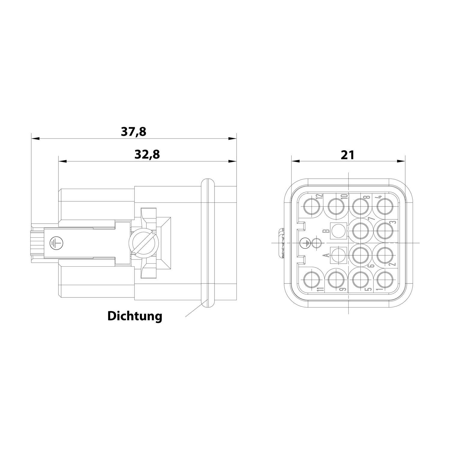 HARTING Han Q12/0 Stifteinsatz (M) Crimp- / Quick-Lock-Anschluss (PE), 12-polig+PE 400V, 10A - 1 Stück-2