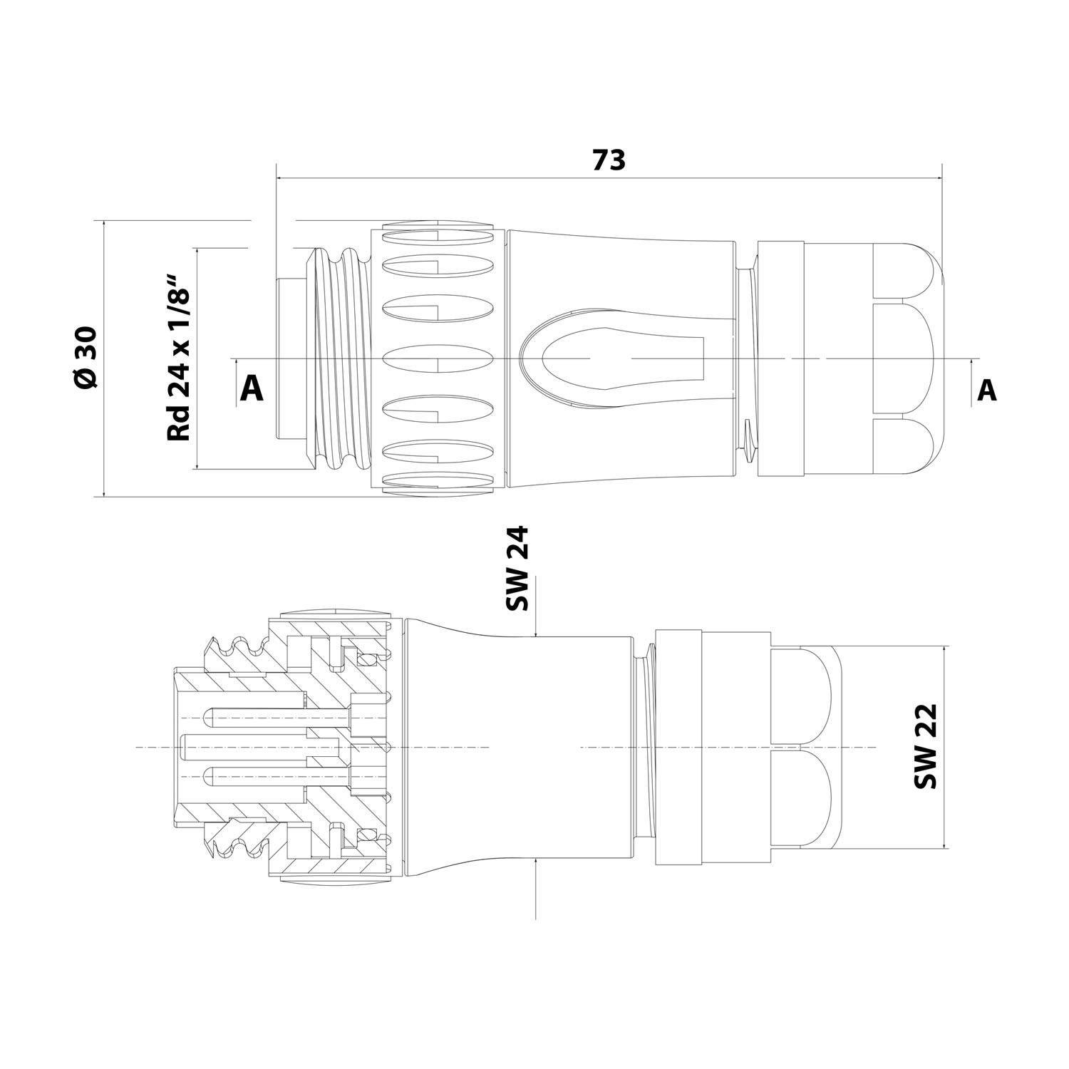 Amphenol RD24-KSG Kabelsteckverbinder gerade Stift Schraubanschluss, Polzahl 3+PE Kabelabgang gerade, Klemmbereich-2