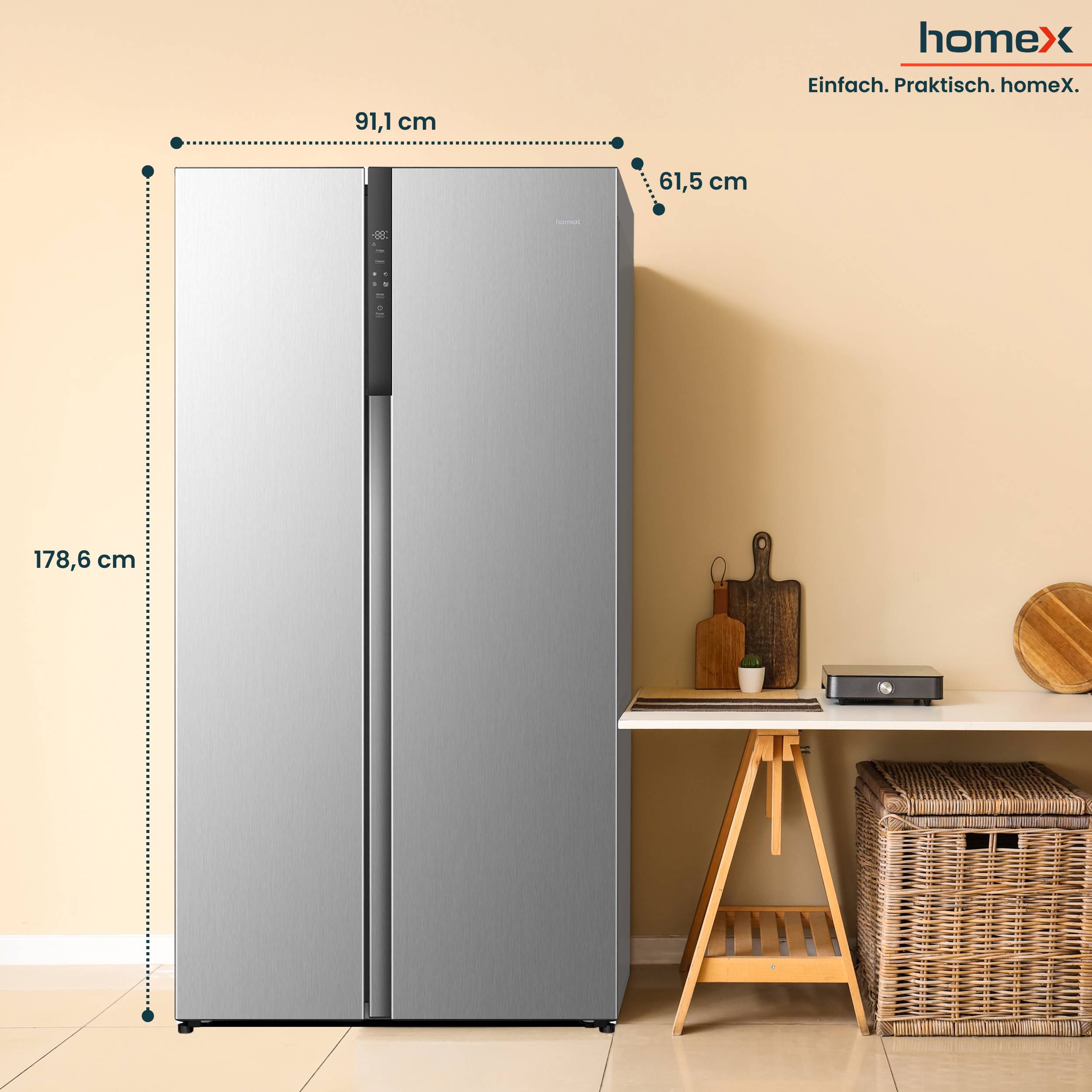 homeX Side by Side Kühlschrank, Kühl-Gefrier-Kombination, No Frost - 544 Liter, Multi Airflow, leise 37 dB, CFBSN5441C-S-3
