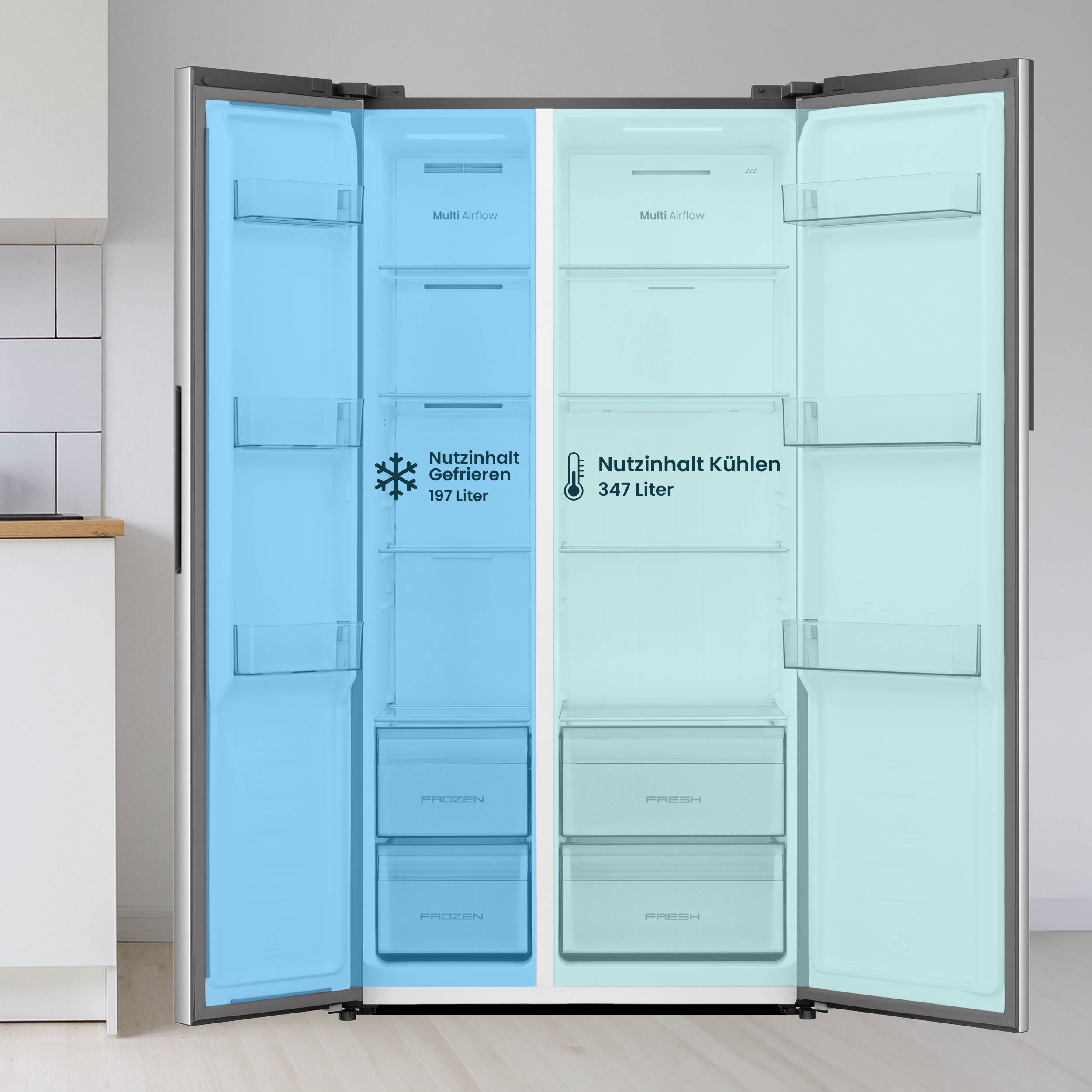 homeX Side by Side Kühlschrank, Kühl-Gefrier-Kombination, No Frost - 544 Liter, Multi Airflow, leise 37 dB, CFBSN5441C-S-4