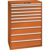 ESD-Schubladenschrank BxTxH 1023 x 725 x 1450 mm 10 Schubladen Traglast 200 kg / 1 x 50 mm mit 75 kg orange.