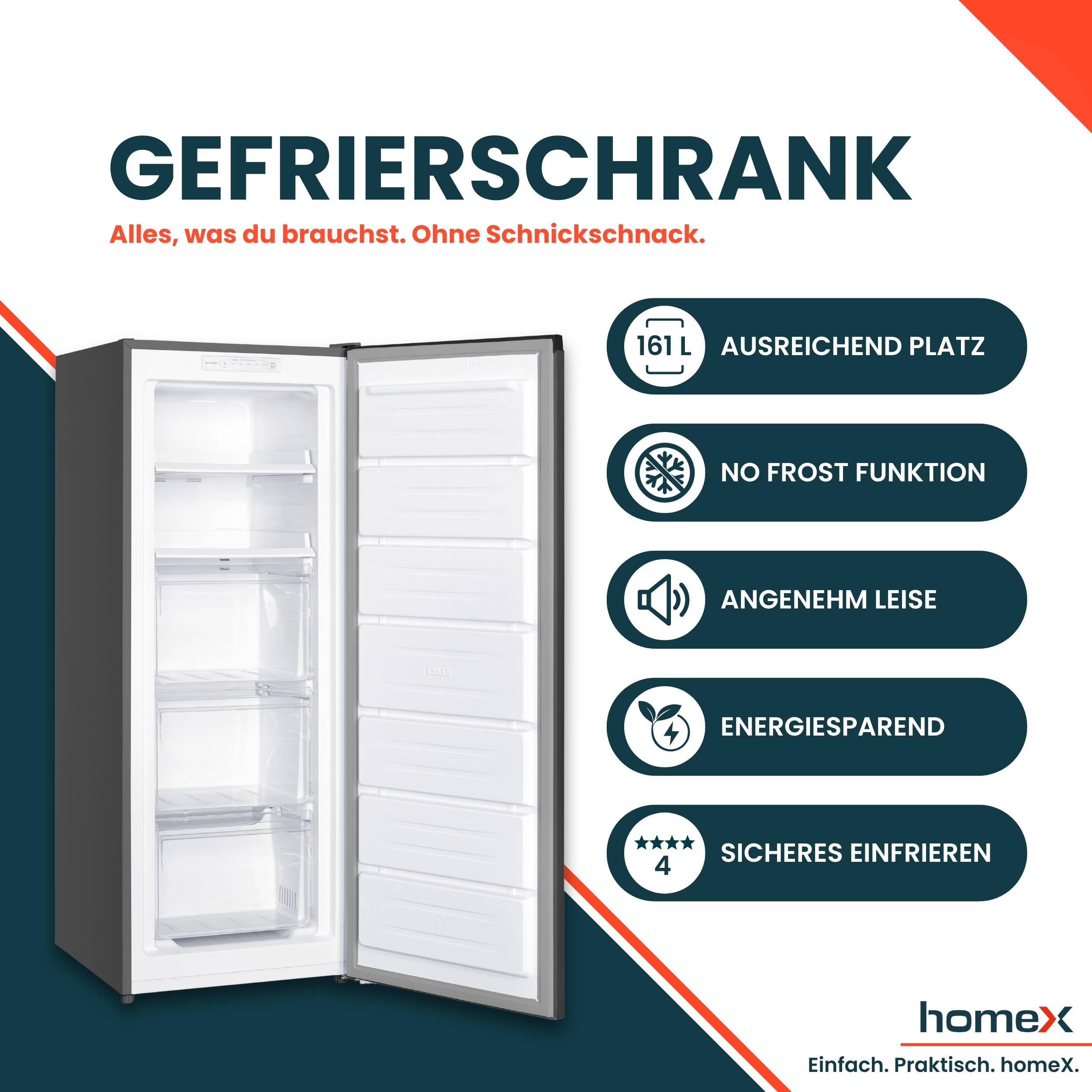 homeX Gefrierschrank No Frost, Tiefkühlschrank groß - 161 Liter, 4-Sterne Gefrieren, Super-Frost-Funktion, FSN1611E-S-2