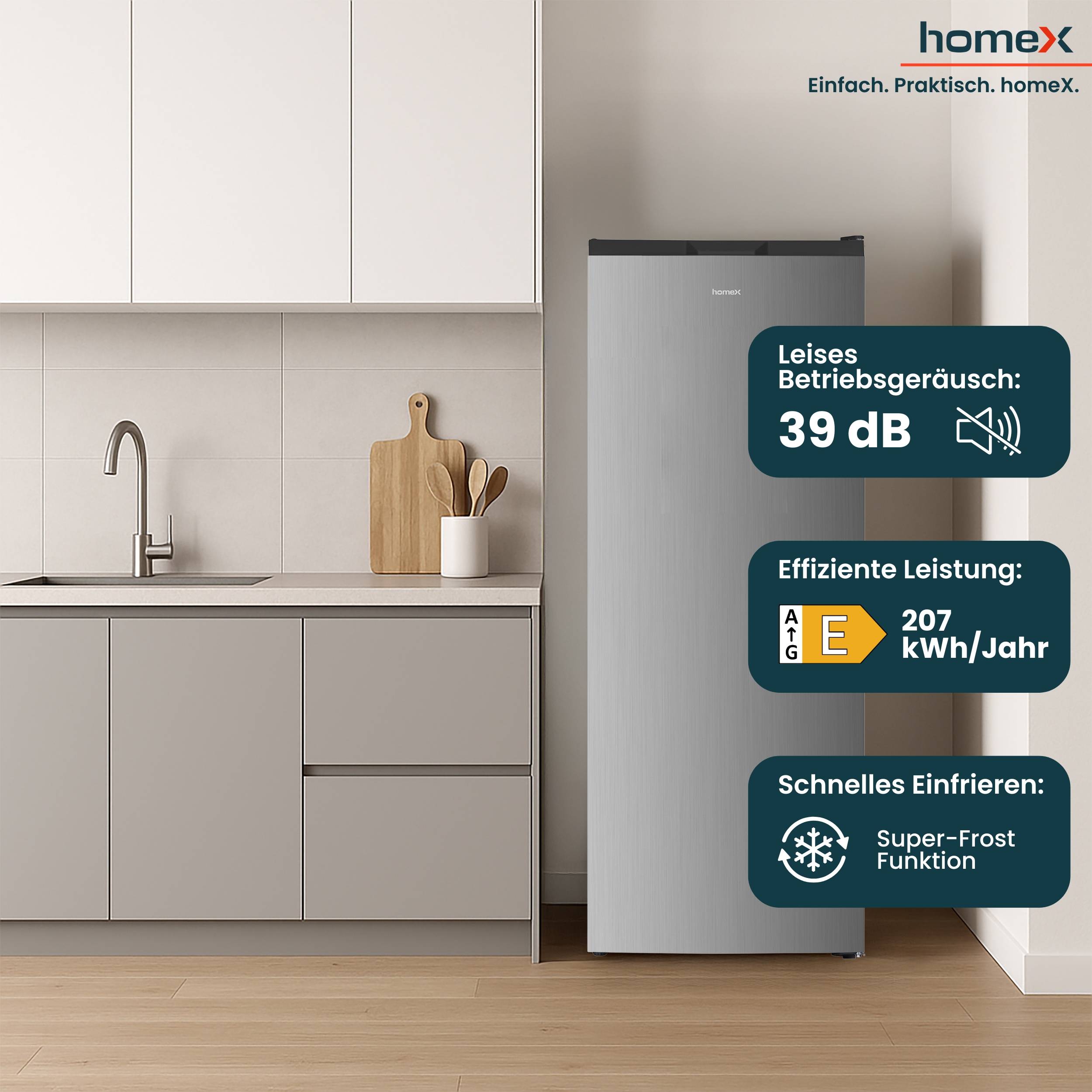 homeX Gefrierschrank No Frost, Tiefkühlschrank groß - 161 Liter, 4-Sterne Gefrieren, Super-Frost-Funktion, FSN1611E-S-3