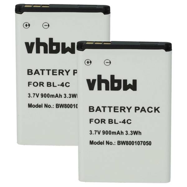 vhbw 2x Akku Ersatz für Nokia BL-4C | für Handy Smartphone Telefon (900 mAh, 3,7 V, Li-Ion)