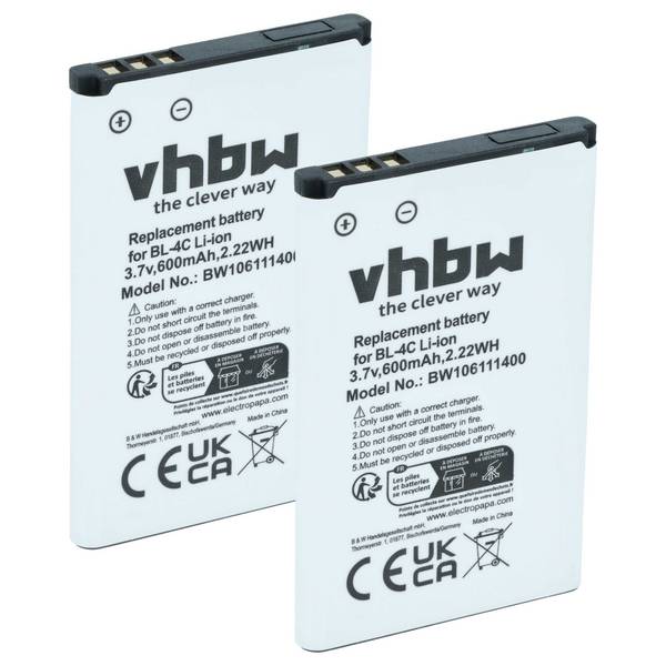 vhbw 2x Akku kompatibel mit Doro 2414 | 1378, 1380, DFC-0160, 1382, 1385, 2424, 1355 Handy Smartphone Telefon (600 mAh
