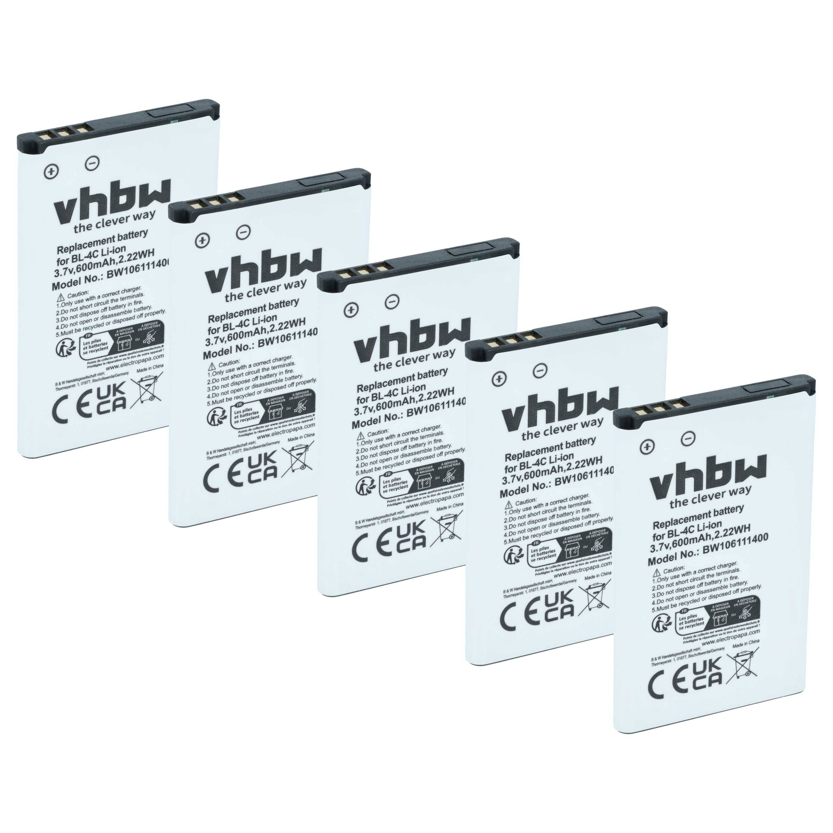 vhbw 5x Akku kompatibel mit Doro 2414 | 1378, 1380, DFC-0160, 1382, 1385, 2424, 1355 Handy Smartphone Telefon (600 mAh-0