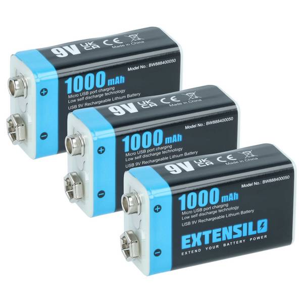 EXTENSILO 3x 9V-Akku Block kompatibel mit Daitem SP 150-21X | 03/07 (1 Ah, 9 V, Li-Ion), ready-to-use, mit Micro USB
