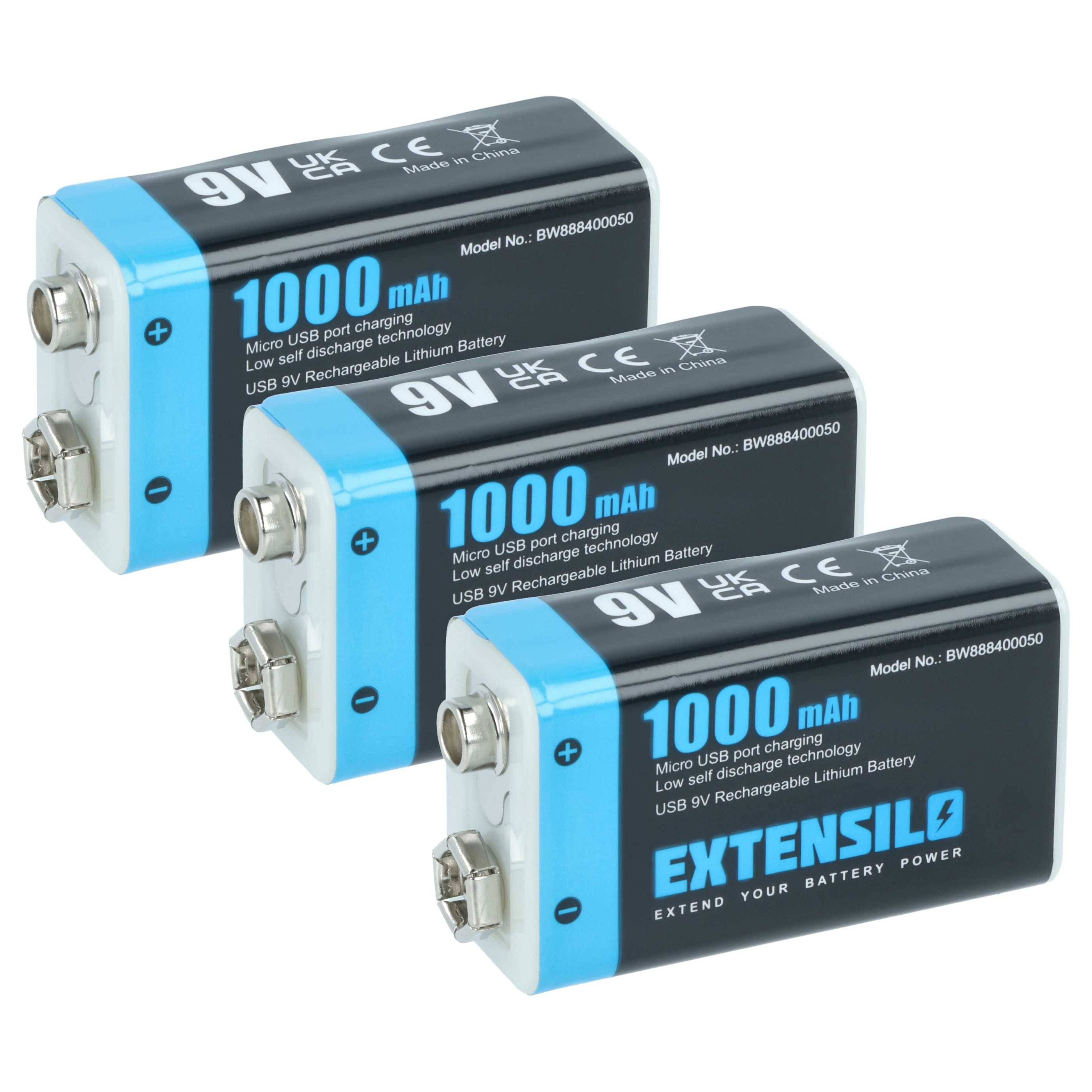 EXTENSILO 3x 9V-Akku Block für diverse Geräte (1 Ah, 9 V, Li-Ion) | ready-to-use, mit Micro USB Buchse-0