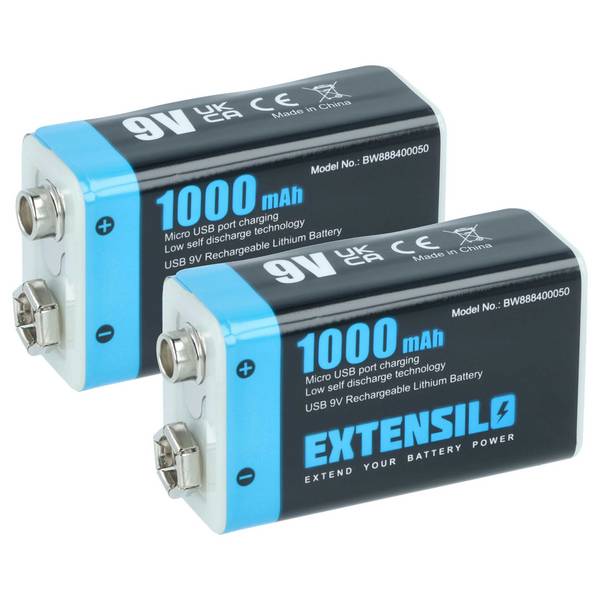 EXTENSILO 2x 9V-Akku Block kompatibel mit Daitem DC270 | DC271, D21, DC272 (1 Ah, 9 V, Li-Ion), ready-to-use, mit Micro